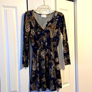 French Grey dress, small. Navy with multicolored paisley pattern.